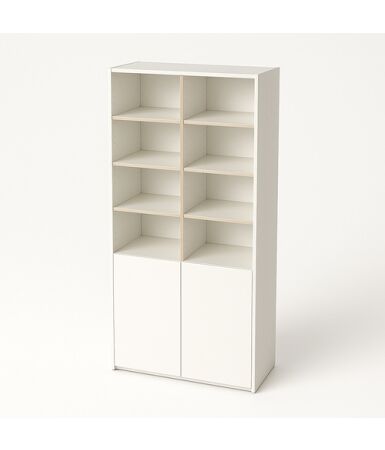 Regał biurowy z przegrodą pionową z podwójnymi frontami wpuszczanymi na dole